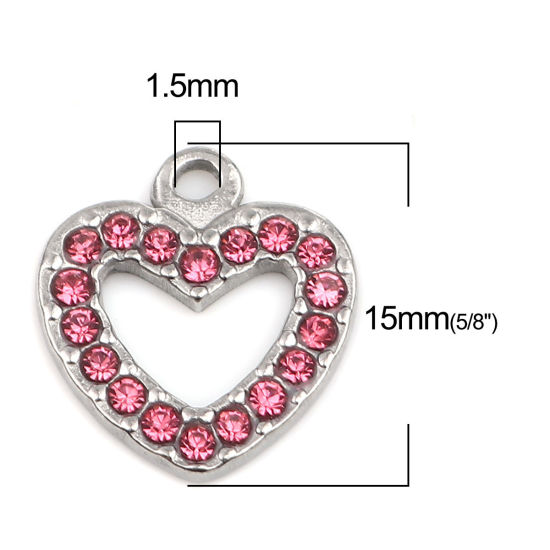 Immagine di 304 Acciaio Inossidabile Charms Cuore Tono Argento Roso Strass 15mm x 14mm, 2 Pz