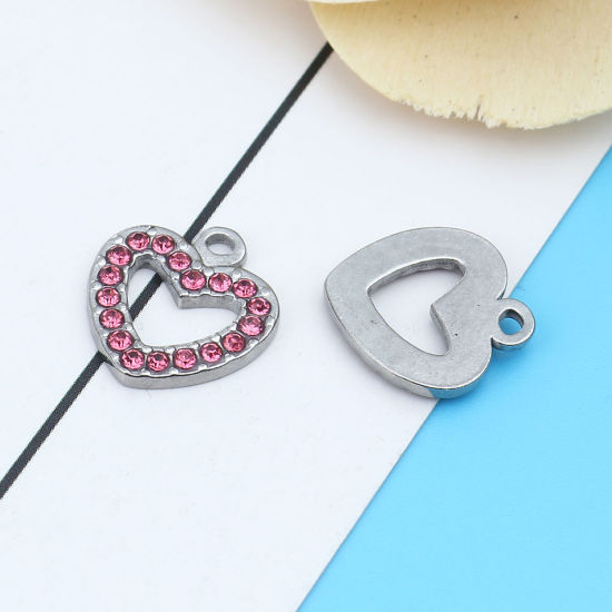 Immagine di 304 Acciaio Inossidabile Charms Cuore Tono Argento Roso Strass 15mm x 14mm, 2 Pz
