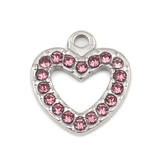Immagine di 304 Acciaio Inossidabile Charms Cuore Tono Argento Rosa Viola Strass 15mm x 14mm, 2 Pz