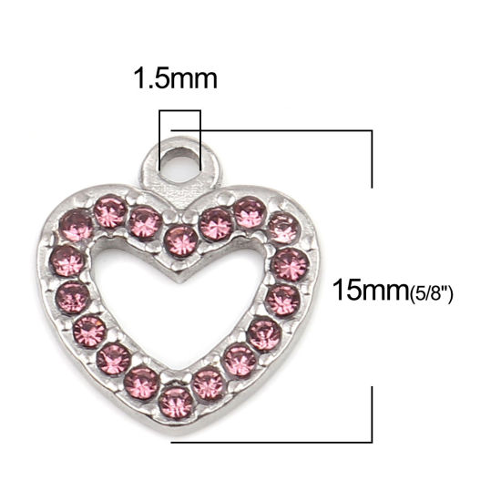 Immagine di 304 Acciaio Inossidabile Charms Cuore Tono Argento Rosa Viola Strass 15mm x 14mm, 2 Pz