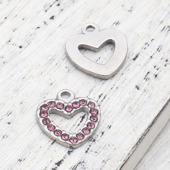 Immagine di 304 Acciaio Inossidabile Charms Cuore Tono Argento Rosa Viola Strass 15mm x 14mm, 2 Pz