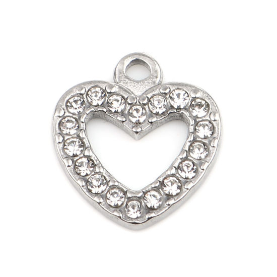 Immagine di 304 Acciaio Inossidabile Charms Cuore Tono Argento Trasparente Strass 15mm x 14mm, 2 Pz