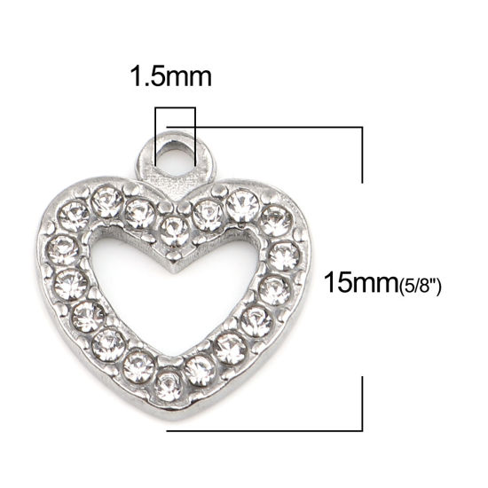 Immagine di 304 Acciaio Inossidabile Charms Cuore Tono Argento Trasparente Strass 15mm x 14mm, 2 Pz