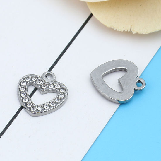 Immagine di 304 Acciaio Inossidabile Charms Cuore Tono Argento Trasparente Strass 15mm x 14mm, 2 Pz