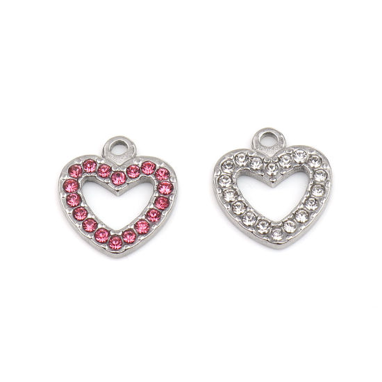 Immagine di 304 Acciaio Inossidabile Charms Cuore Tono Argento Trasparente Strass 15mm x 14mm, 2 Pz