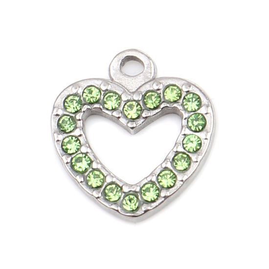 Immagine di 304 Acciaio Inossidabile Charms Cuore Tono Argento Verde Strass 15mm x 14mm, 2 Pz