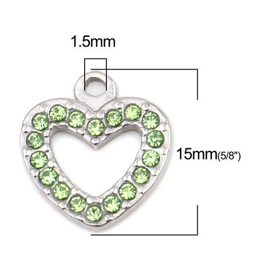 Immagine di 304 Acciaio Inossidabile Charms Cuore Tono Argento Verde Strass 15mm x 14mm, 2 Pz
