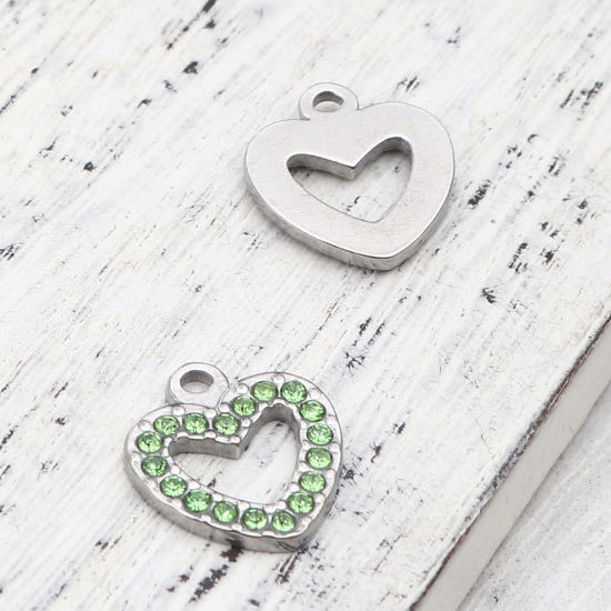 Immagine di 304 Acciaio Inossidabile Charms Cuore Tono Argento Verde Strass 15mm x 14mm, 2 Pz