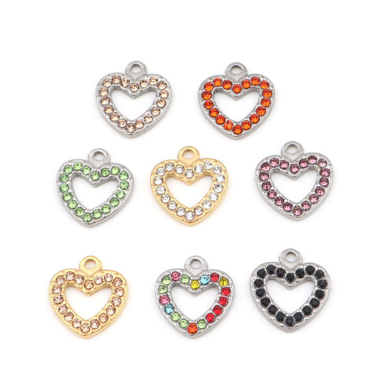 Immagine di 304 Acciaio Inossidabile Charms Cuore Tono Argento Verde Strass 15mm x 14mm, 2 Pz
