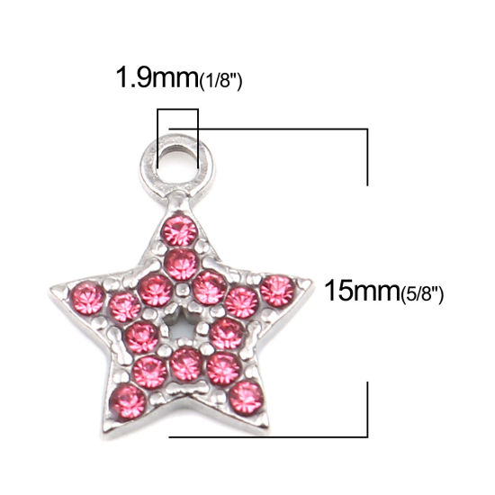 Immagine di 304 Acciaio Inossidabile Charms Stella a Cinque Punte Tono Argento Roso Strass 15mm x 12mm, 2 Pz