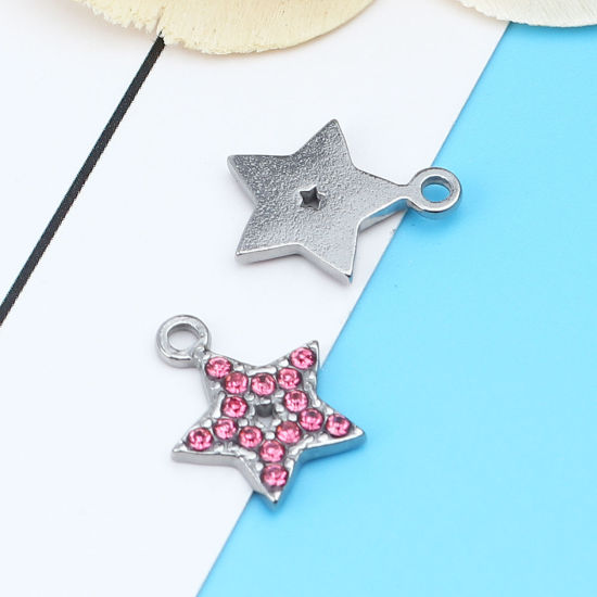 Immagine di 304 Acciaio Inossidabile Charms Stella a Cinque Punte Tono Argento Roso Strass 15mm x 12mm, 2 Pz
