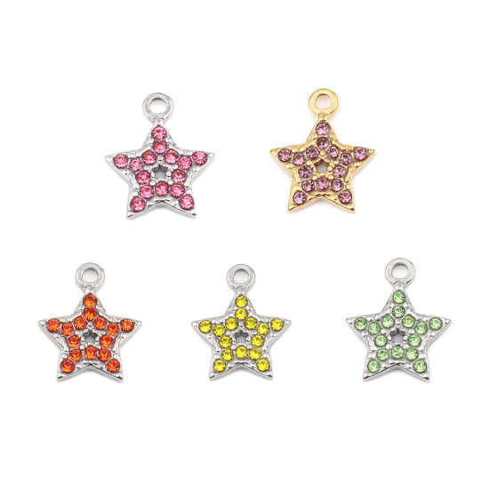 Immagine di 304 Acciaio Inossidabile Charms Stella a Cinque Punte Tono Argento Roso Strass 15mm x 12mm, 2 Pz