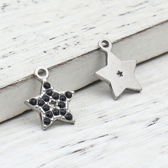 Immagine di 304 Acciaio Inossidabile Charms Stella a Cinque Punte Tono Argento Nero Strass 15mm x 12mm, 2 Pz