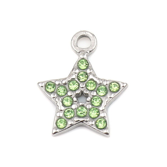 Immagine di 304 Acciaio Inossidabile Charms Stella a Cinque Punte Tono Argento Verde Strass 15mm x 12mm, 2 Pz