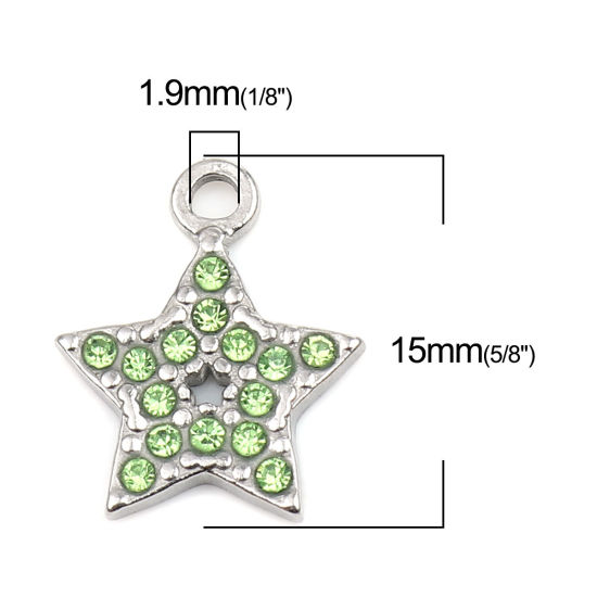 Immagine di 304 Acciaio Inossidabile Charms Stella a Cinque Punte Tono Argento Verde Strass 15mm x 12mm, 2 Pz