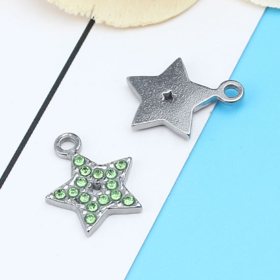 Immagine di 304 Acciaio Inossidabile Charms Stella a Cinque Punte Tono Argento Verde Strass 15mm x 12mm, 2 Pz