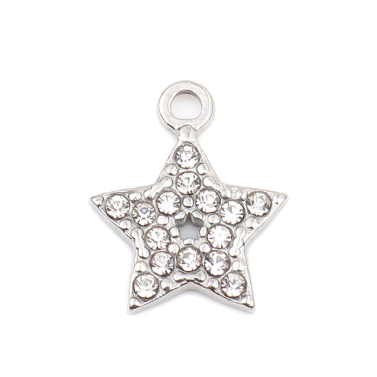 Immagine di 304 Acciaio Inossidabile Charms Stella a Cinque Punte Tono Argento Trasparente Strass 15mm x 12mm, 2 Pz