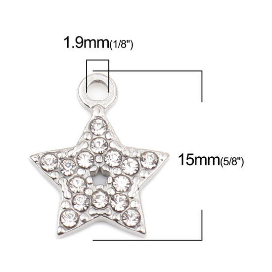 Immagine di 304 Acciaio Inossidabile Charms Stella a Cinque Punte Tono Argento Trasparente Strass 15mm x 12mm, 2 Pz