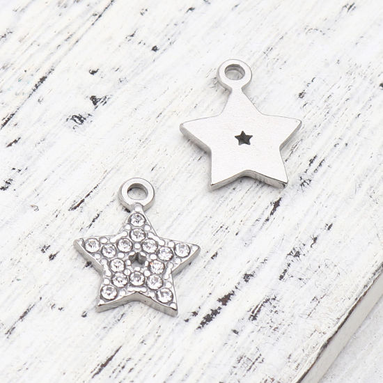 Immagine di 304 Acciaio Inossidabile Charms Stella a Cinque Punte Tono Argento Trasparente Strass 15mm x 12mm, 2 Pz