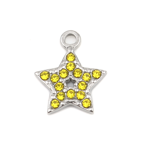 Immagine di 304 Acciaio Inossidabile Charms Stella a Cinque Punte Tono Argento Giallo Strass 15mm x 12mm, 2 Pz