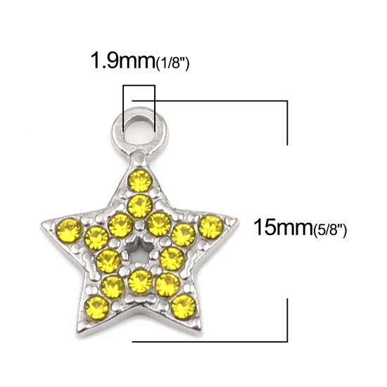 Immagine di 304 Acciaio Inossidabile Charms Stella a Cinque Punte Tono Argento Giallo Strass 15mm x 12mm, 2 Pz