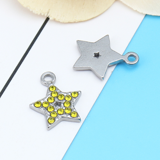 Immagine di 304 Acciaio Inossidabile Charms Stella a Cinque Punte Tono Argento Giallo Strass 15mm x 12mm, 2 Pz