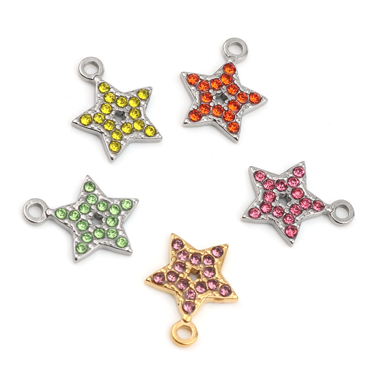 Immagine di 304 Acciaio Inossidabile Charms Stella a Cinque Punte Tono Argento Giallo Strass 15mm x 12mm, 2 Pz
