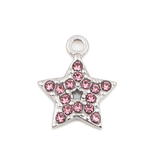 Immagine di 304 Acciaio Inossidabile Charms Stella a Cinque Punte Tono Argento Rosa Viola Strass 15mm x 12mm, 2 Pz