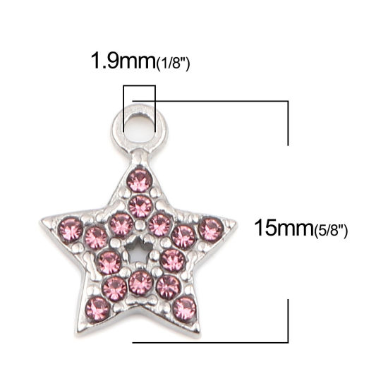 Immagine di 304 Acciaio Inossidabile Charms Stella a Cinque Punte Tono Argento Rosa Viola Strass 15mm x 12mm, 2 Pz