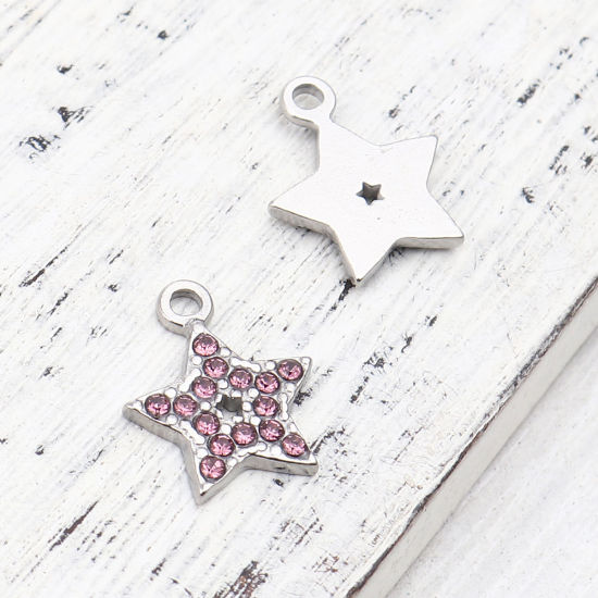 Immagine di 304 Acciaio Inossidabile Charms Stella a Cinque Punte Tono Argento Rosa Viola Strass 15mm x 12mm, 2 Pz