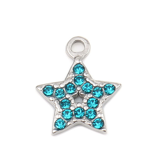 Immagine di 304 Acciaio Inossidabile Charms Stella a Cinque Punte Tono Argento Lago Blu Strass 15mm x 12mm, 2 Pz