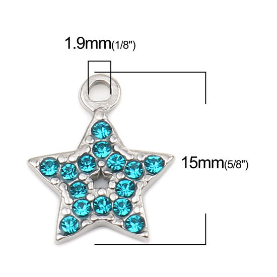 Immagine di 304 Acciaio Inossidabile Charms Stella a Cinque Punte Tono Argento Lago Blu Strass 15mm x 12mm, 2 Pz