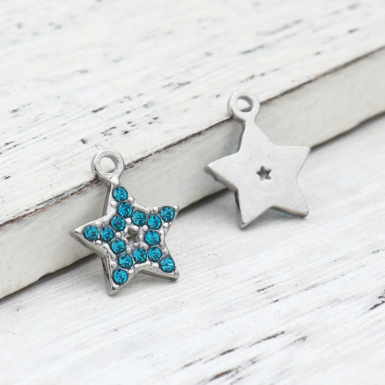 Immagine di 304 Acciaio Inossidabile Charms Stella a Cinque Punte Tono Argento Lago Blu Strass 15mm x 12mm, 2 Pz