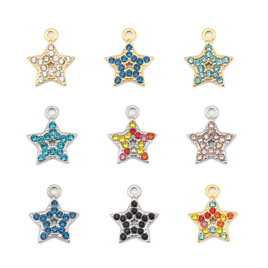 Immagine di 304 Acciaio Inossidabile Charms Stella a Cinque Punte Tono Argento Lago Blu Strass 15mm x 12mm, 2 Pz