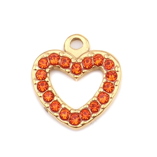 Bild von 304 Edelstahl Charms Herz Vergoldet Lachsfarbe Strass 15mm x 14mm, 2 Stück