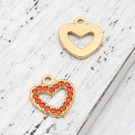 Bild von 304 Edelstahl Charms Herz Vergoldet Lachsfarbe Strass 15mm x 14mm, 2 Stück