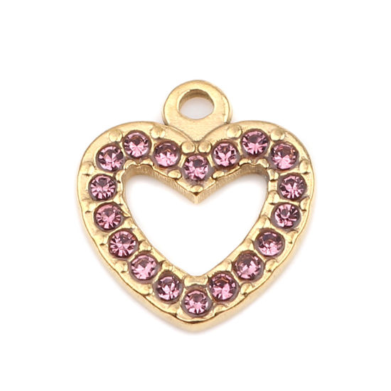 Bild von 304 Edelstahl Charms Herz Vergoldet Helllilac Strass 15mm x 14mm, 2 Stück