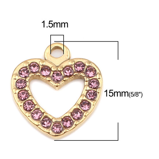 Bild von 304 Edelstahl Charms Herz Vergoldet Helllilac Strass 15mm x 14mm, 2 Stück