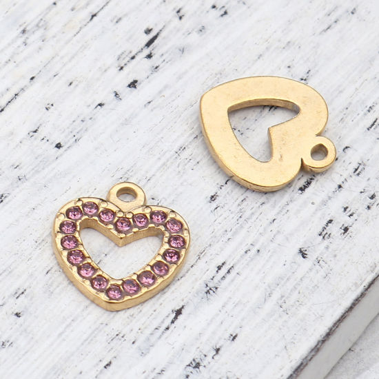 Bild von 304 Edelstahl Charms Herz Vergoldet Helllilac Strass 15mm x 14mm, 2 Stück