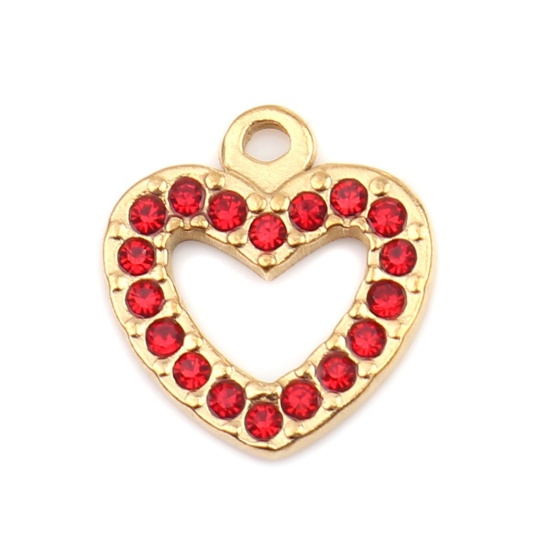 Bild von 304 Edelstahl Charms Herz Vergoldet Rot Strass 15mm x 14mm, 2 Stück