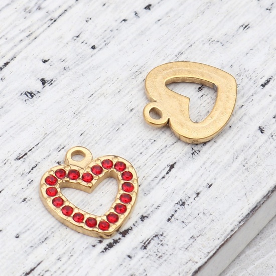 Bild von 304 Edelstahl Charms Herz Vergoldet Rot Strass 15mm x 14mm, 2 Stück