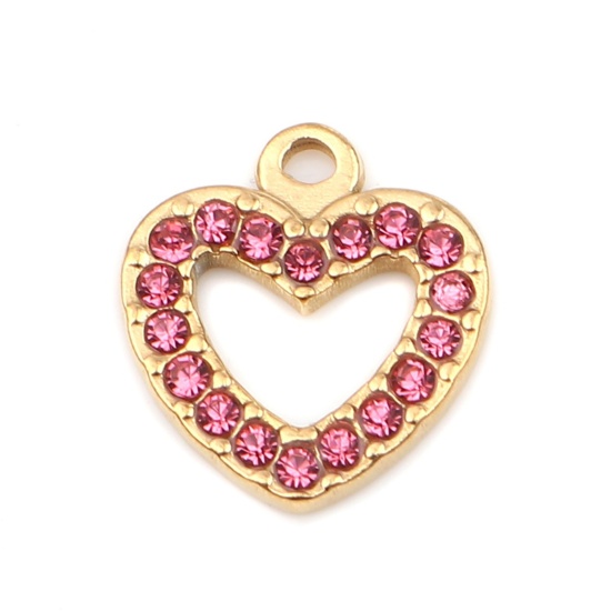 Bild von 304 Edelstahl Charms Herz Vergoldet Rosa Strass 15mm x 14mm, 2 Stück