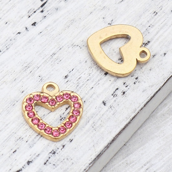Bild von 304 Edelstahl Charms Herz Vergoldet Rosa Strass 15mm x 14mm, 2 Stück