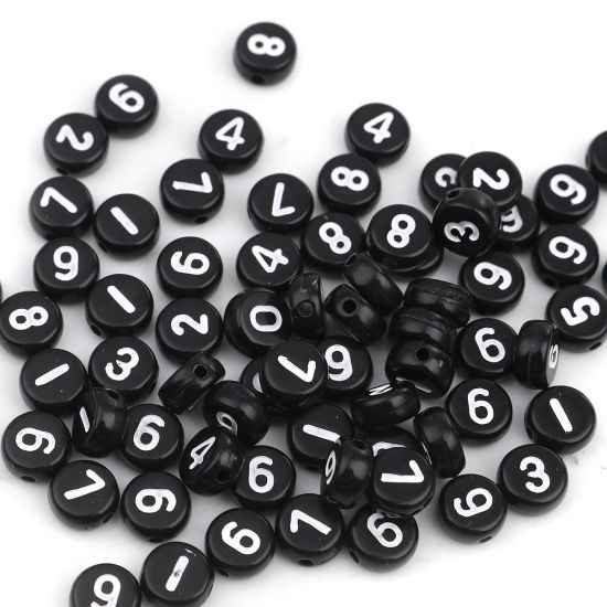 Image de Perles en Acrylique Plat-Rond Noir & Blanc Chiffres Env. 7mm Dia, Trou: env. 1.1mm, 500 Pcs