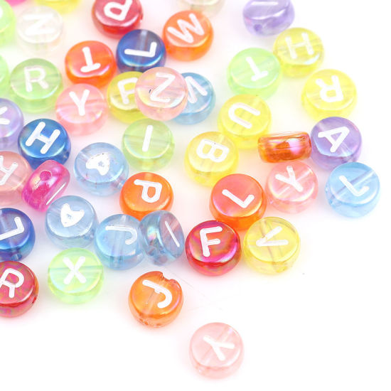 Image de Perles en Acrylique Plat-Rond Couleur au Hasard Alphabet Initial/ Lettre Majuscule Couleur AB Env. 7mm Dia, Trou: env. 1.4mm, 500 Pcs