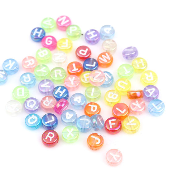 Image de Perles en Acrylique Plat-Rond Couleur au Hasard Alphabet Initial/ Lettre Majuscule Couleur AB Env. 7mm Dia, Trou: env. 1.4mm, 500 Pcs