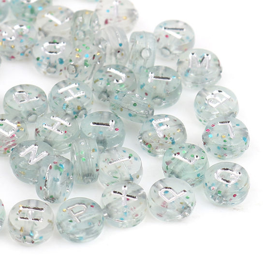 Image de Perles en Acrylique Plat-Rond Argent Alphabet Initial/ Lettre Majuscule Brillant Paillettes Env. 7mm Dia, Trou: env. 1.4mm, 500 Pcs