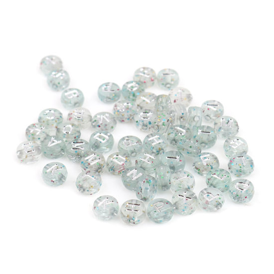 Image de Perles en Acrylique Plat-Rond Argent Alphabet Initial/ Lettre Majuscule Brillant Paillettes Env. 7mm Dia, Trou: env. 1.4mm, 500 Pcs