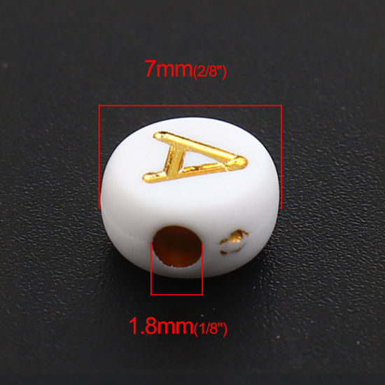 Image de Perles en Acrylique Plat-Rond Blanc & Or Alphabet Initial/ Lettre Majuscule Env. 7mm Dia, Trou: env. 1.8mm, 500 Pcs