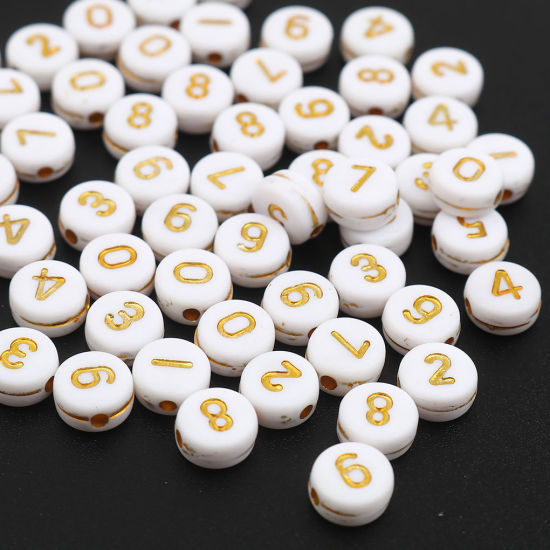 Image de Perles en Acrylique Plat-Rond Blanc & Or Chiffres Env. 7mm Dia, Trou: env. 1.5mm, 500 Pcs